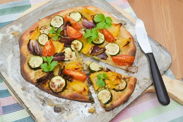Roast vegetable and hummus pizza