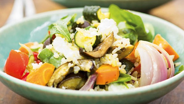 Roast vegetable, brown rice and goat's cheese salad