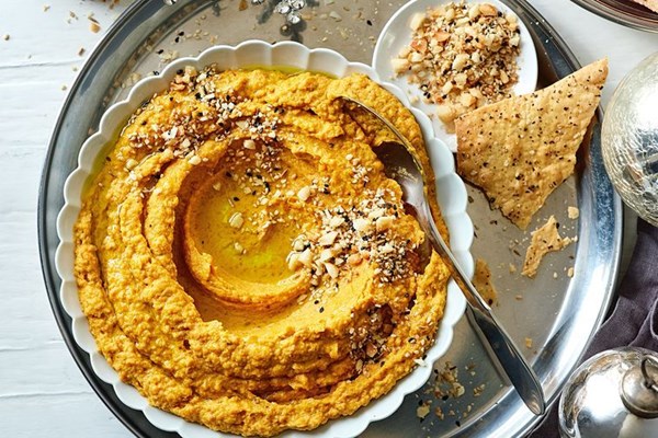 Roast vegetable hummus, macadamia dukkah and lemon