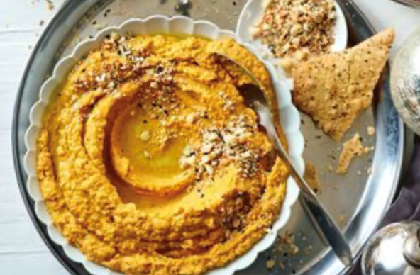 Roast vegetable hummus, macadamia dukkah and lemon