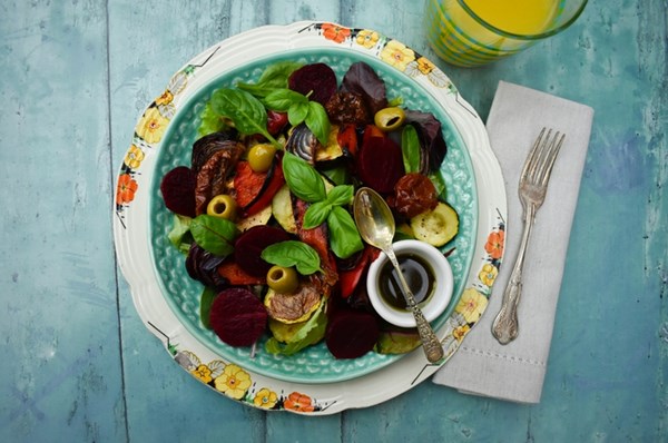 Roast vegetable, olive and beetroot salad