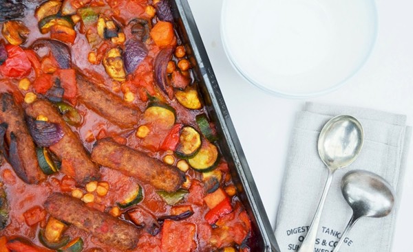 Roast vegetable, veggie sausage and chickpea bake