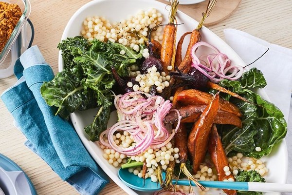 Roast vegetables, greens and grains, honey lemon dressing