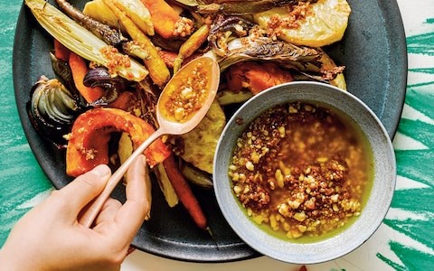 Roast vegetables with warm walnut-miso sauce