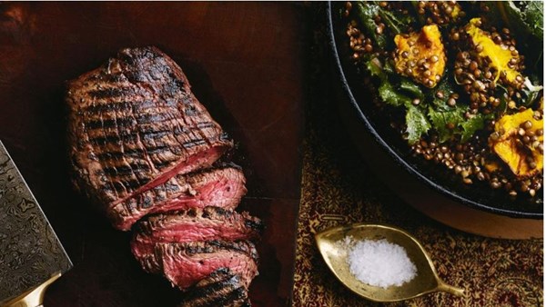 Roast venison with warm lentil, squash and piha salad