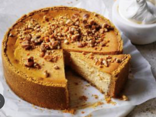 Roast white choc cheesecake with peanut brittle