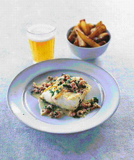 Roast whiting with brown shrimp butter and fat chips