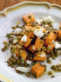 Roast winter squash salad with lentils and goat cheese