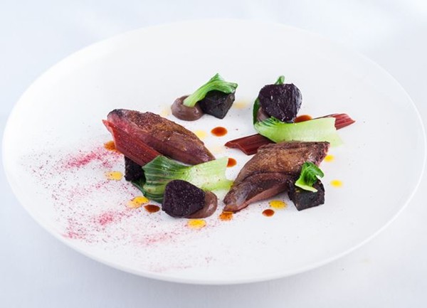 Roast wood pigeon with black pudding and baby beets