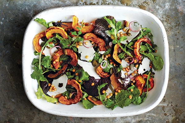 Roasted acorn and delicata squash salad with wheat berries and bitter greens