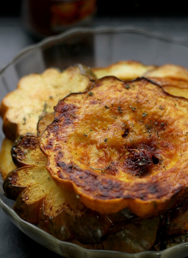 Roasted acorn squash and Brussels sprouts with honey, smoked paprika, and sage salt
