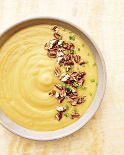 Roasted acorn squash soup with rosemary-spice candied pecans