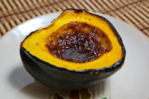 Roasted acorn squash with green tomato and jalapeno jam