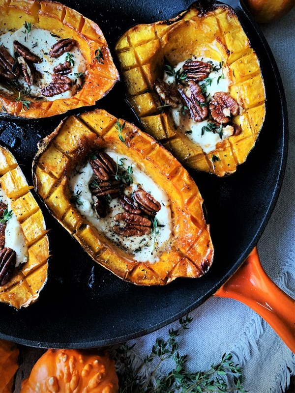 Roasted acorn squash with maple goat cheese and pecans