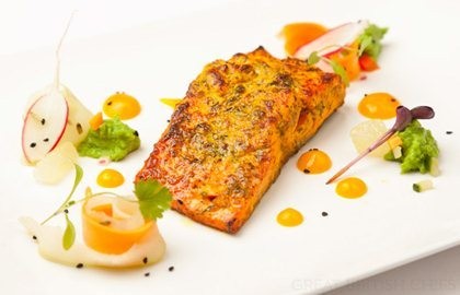 Roasted Alaska salmon with dill and mustard, green pea relish