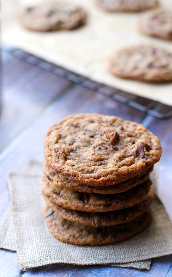 Roasted almond, chocolate chip, and cacao nib cookies with smoked sea salt