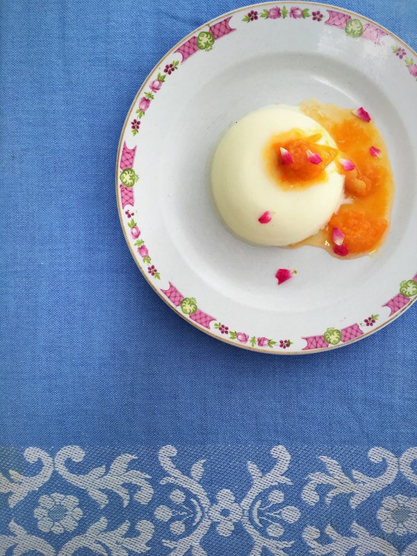 Roasted almond panna cotta with poached apricots