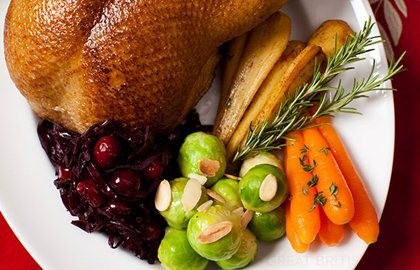 Roasted and glazed Gressingham duck with spiced red cabbage and cranberries