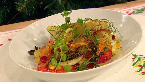 Roasted and raw fennel salad with blood orange and bottarga