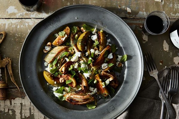 Roasted apple & fennel salad with toasted hazelnuts & goat cheese