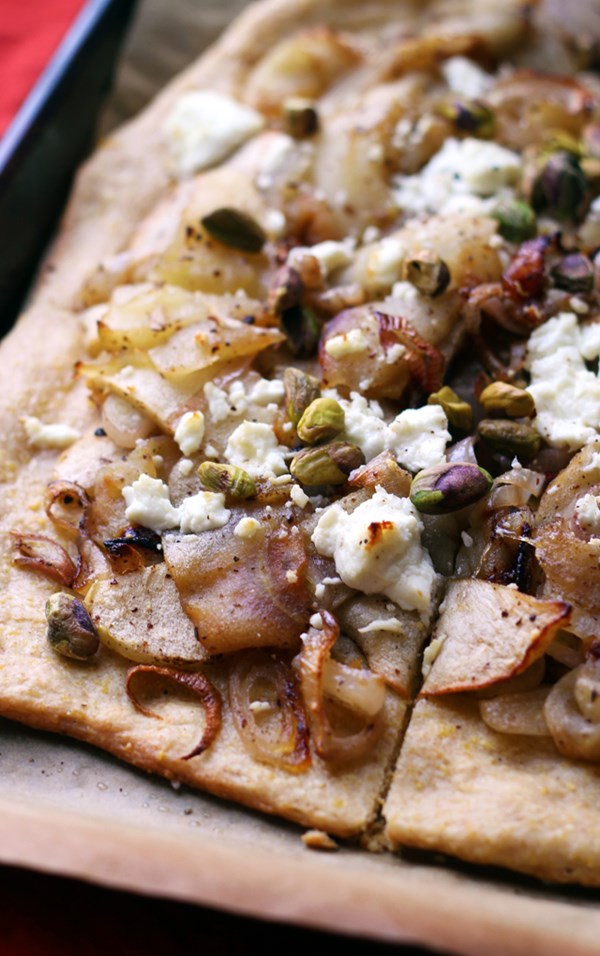 Roasted apple, shallot, and goat cheese tart