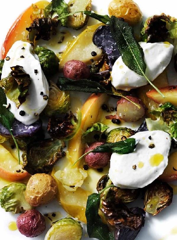 Roasted apples, potatoes, and Brussels sprouts with whipped Parmesan