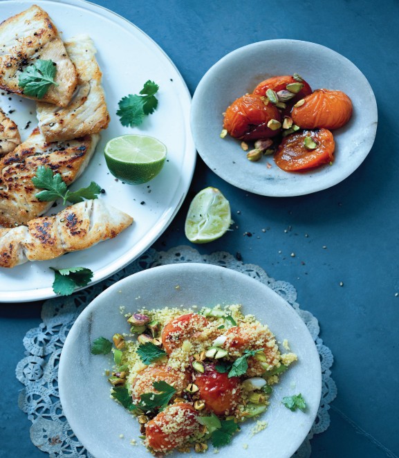 Roasted apricot yellow couscous with grilled fish