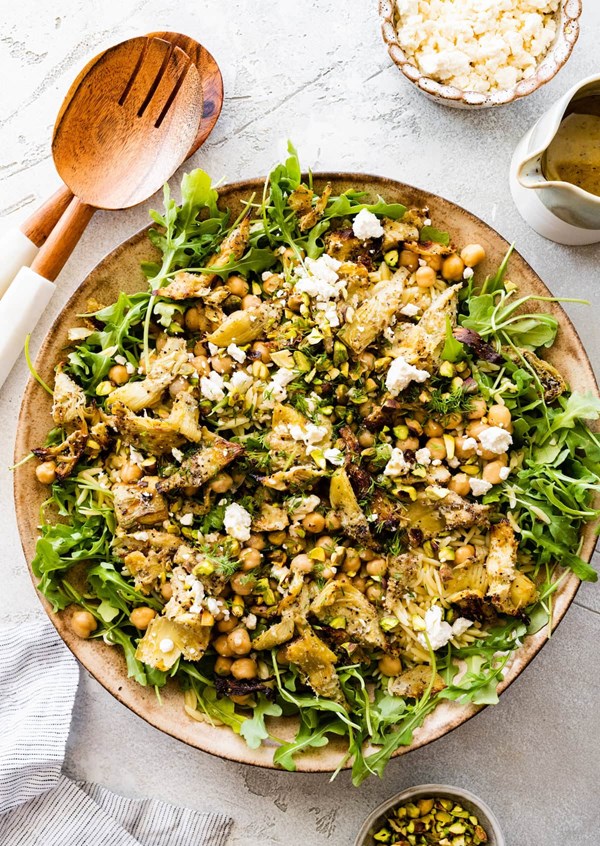 Roasted artichoke chickpea orzo salad