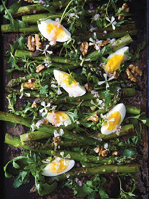 Roasted asparagus and arugula with hard-cooked eggs and walnuts