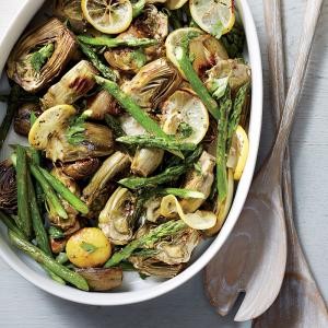 Roasted asparagus and baby artichokes