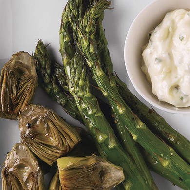Roasted asparagus and baby artichokes with lemon-oregano aioli