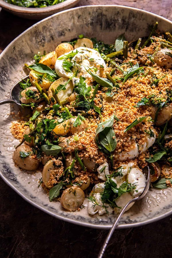 Roasted asparagus and potatoes with sesame breadcrumbs and burrata