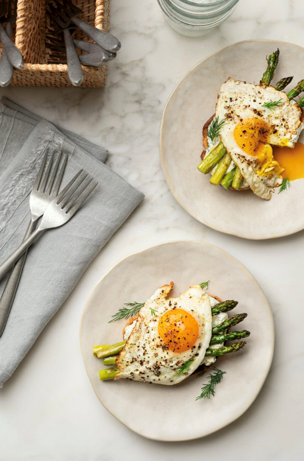 Roasted asparagus on toast with whipped goat cheese