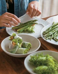 Roasted asparagus spring rolls with bacon