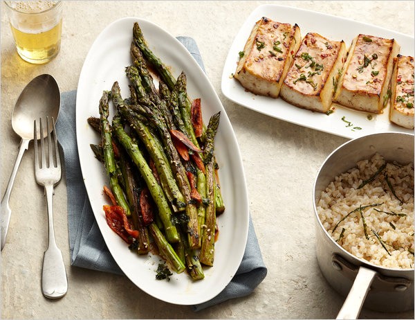 Roasted asparagus with carrots, sesame, and soy