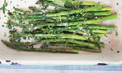 Roasted asparagus with gremolata and almond star dust