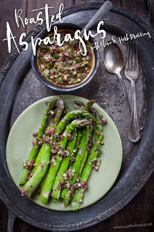 Roasted asparagus with olive and herb dressing