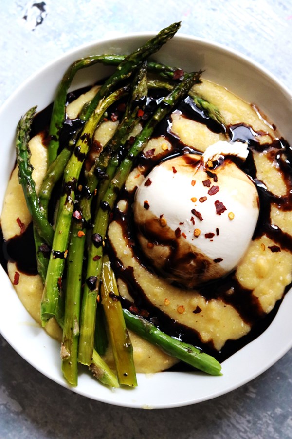 Roasted asparagus with polenta, burrata, and balsamic drizzle