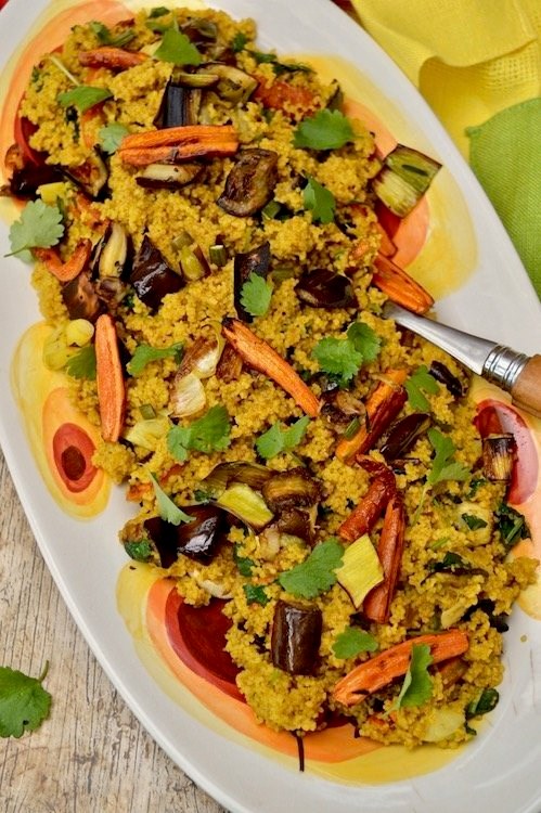 Roasted aubergine & carrot couscous with preserved lemon