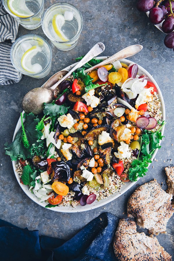 Roasted aubergine & millet salad with hot chickpeas and feta