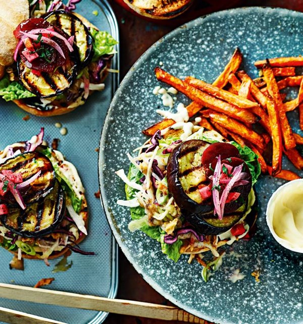 Roasted aubergine burger with quick pickles [Hopscotch Restaurant]