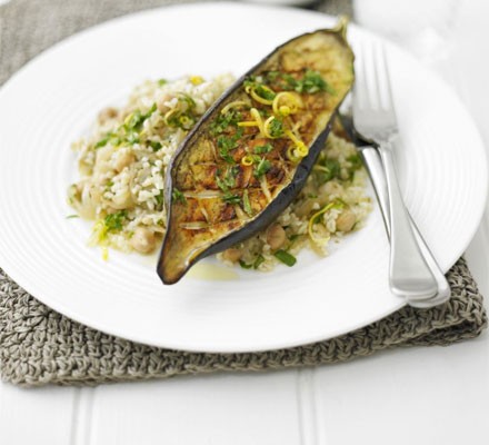 Roasted aubergine with bulghar & zesty dressing