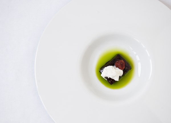Roasted aubergine with burrata, basil and confit tomato