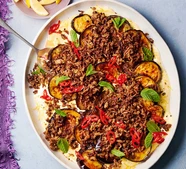 Roasted aubergine with crispy lamb & curried turmeric yogurt