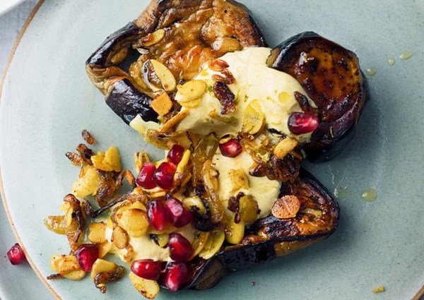 Roasted aubergine with curried yoghurt