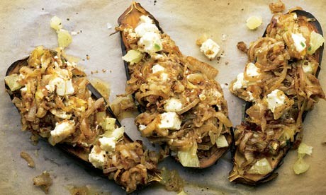 Roasted aubergine with fried onion and chopped lemon