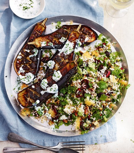 Roasted aubergines with buttermilk dressing and jewelled Persian rice