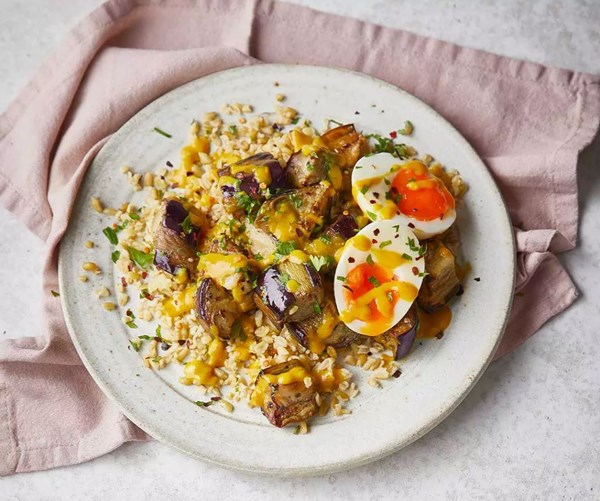 Roasted aubergines with freekah & amba suace