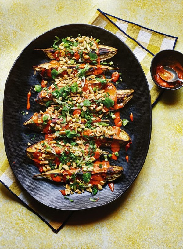Roasted aubergines with spicy peanut sauce