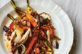 Roasted autumn vegetables with walnut-miso sauce